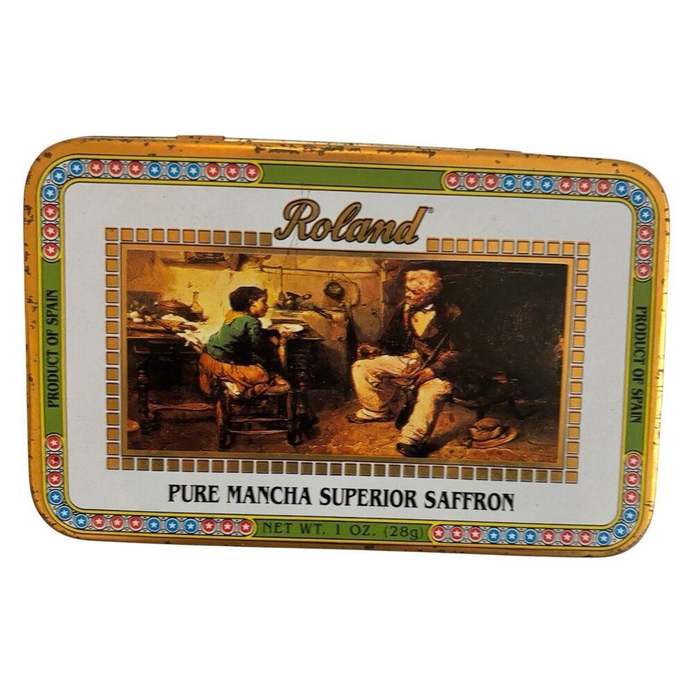 Vintage Roland Pure Mancha Superior Saffron Tin Empty Metal Box Spain Decor 4 in
